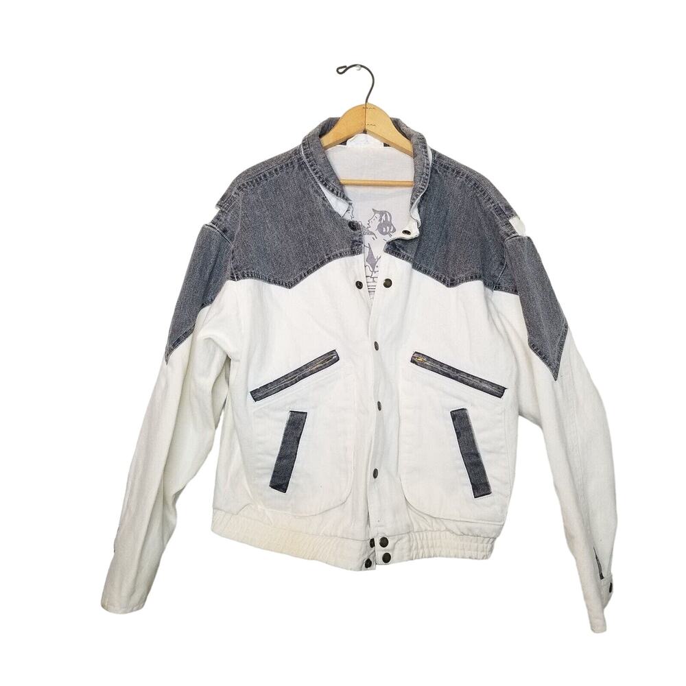 Vintage 90s Denim Jacket Men Sz M Color Block White Grey